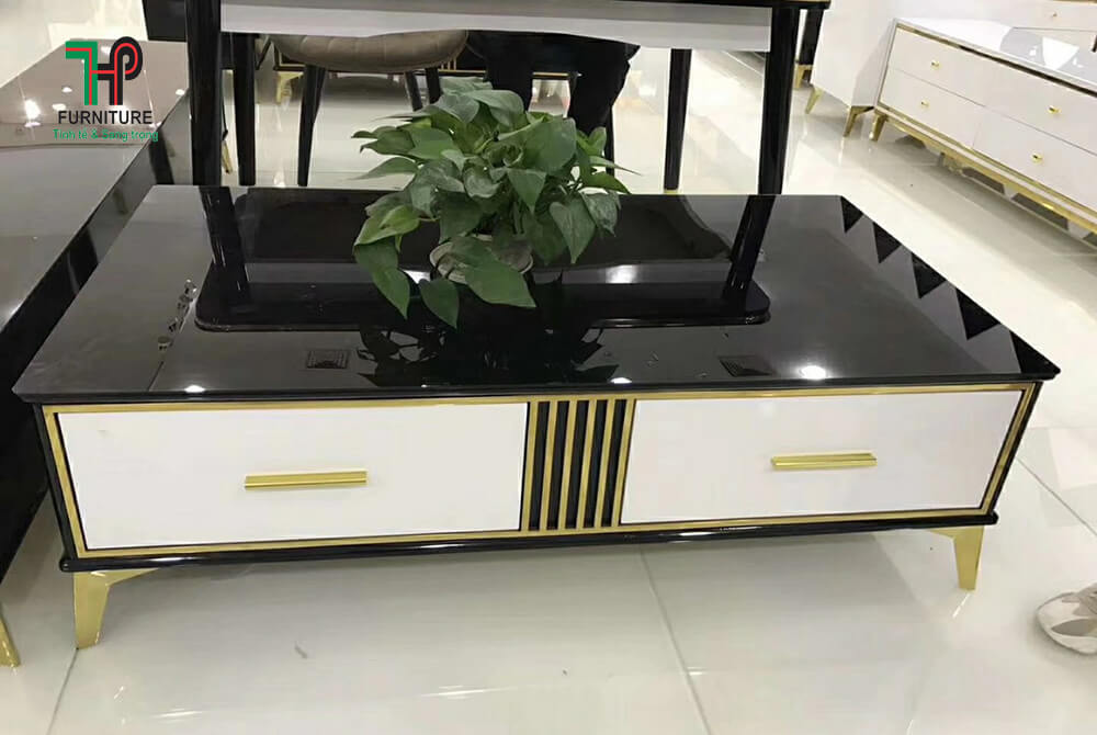 bàn trà mặt kính chân inox mạ