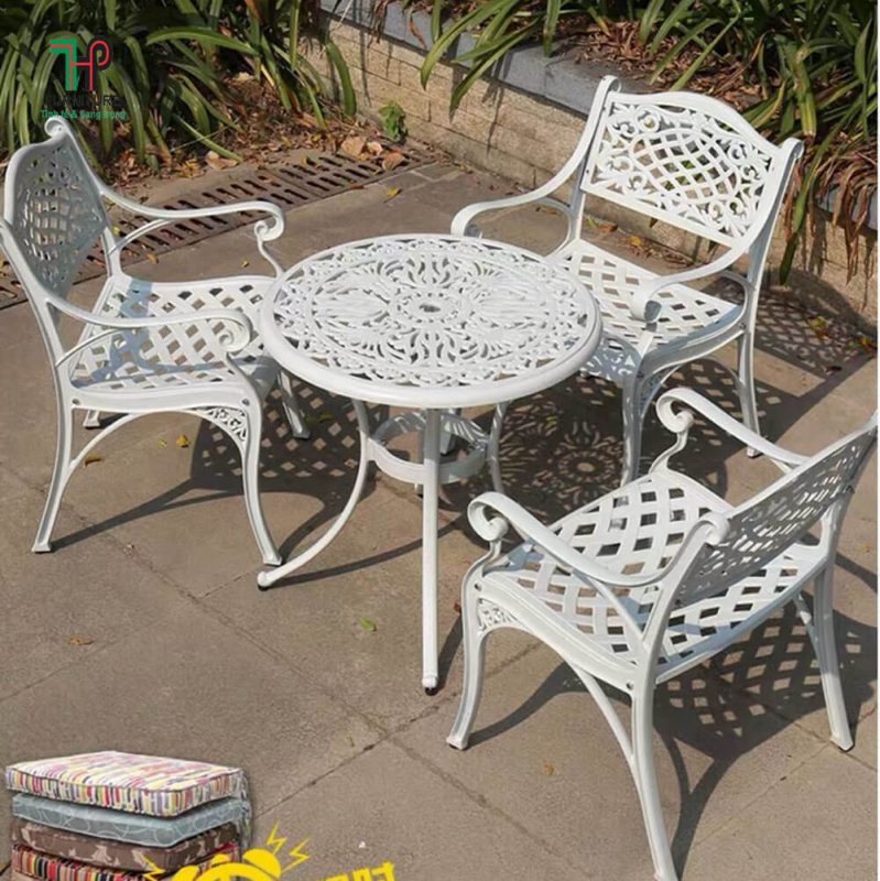 bàn tròn ngoài trời nhôm đúc màu trắng (2)