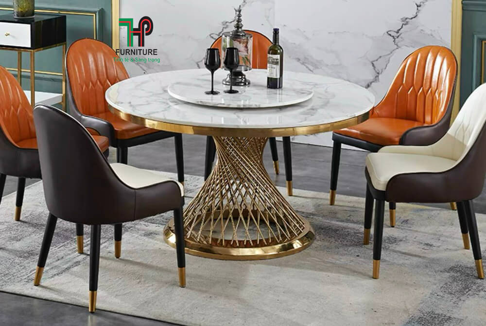 Bộ bàn ăn tròn 6 ghế mặt đá